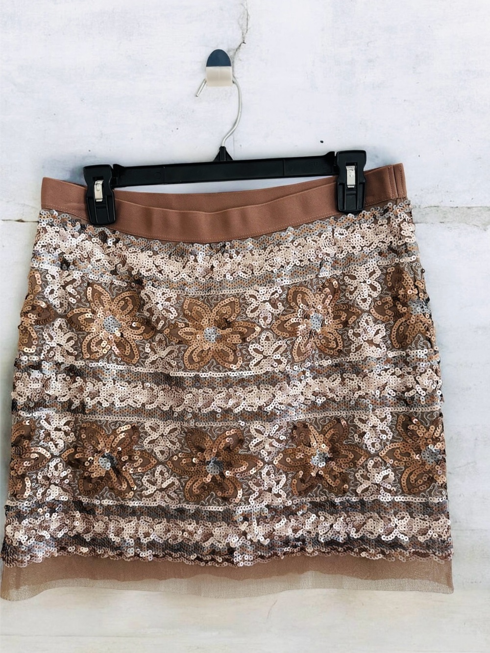 Chelsea & Violet Brown and Gold Floral Sequin Mini Skirt NWOT - Picture 2 of 8